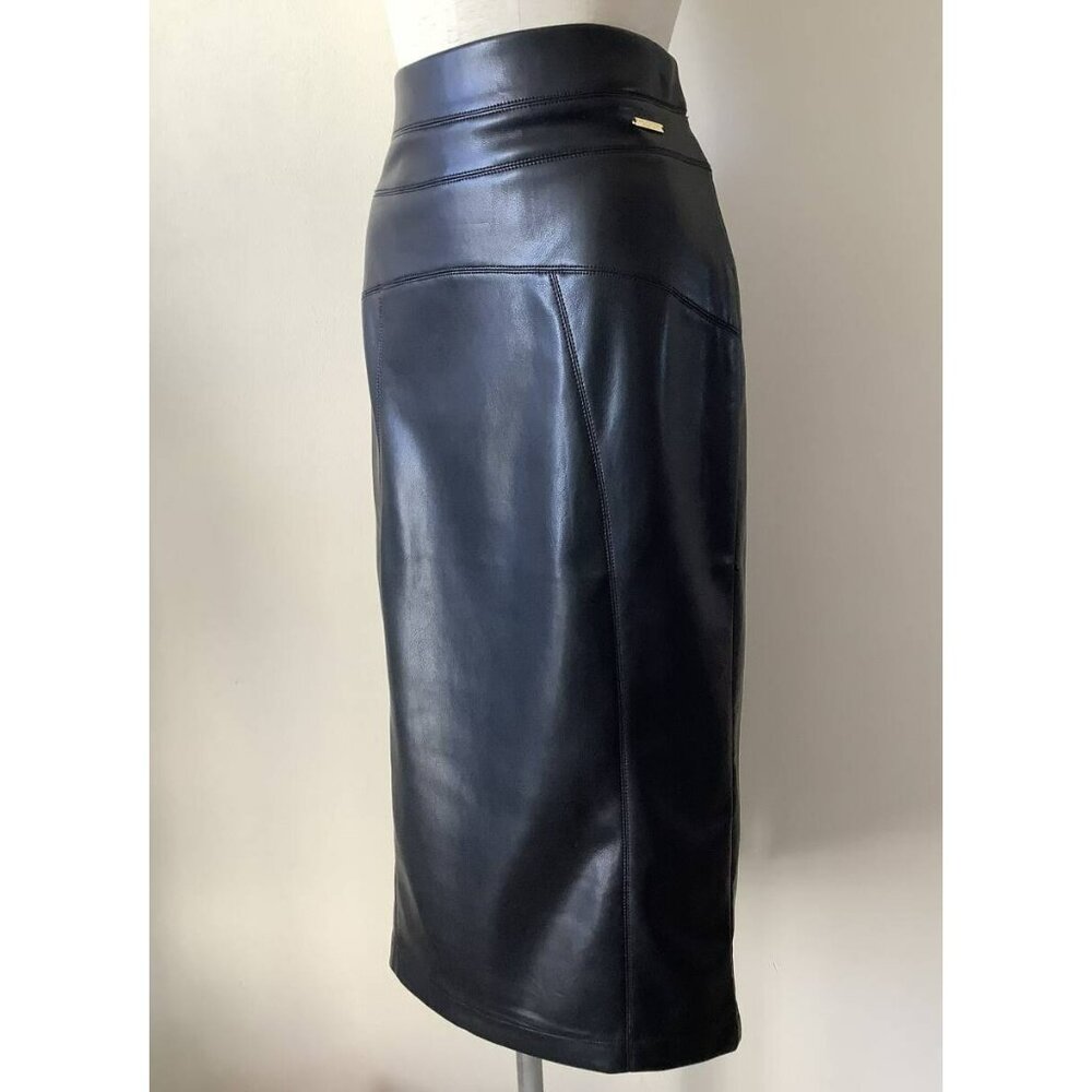 Marc New York Andrew Marc Faux Leather Pencil Skirt Black Midi Style M5MS0319 S - Picture 2 of 9